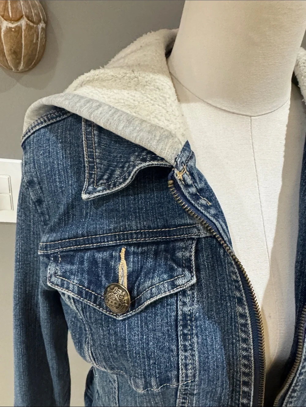 Women's Blue Denim Hooded Jean Jacket with Sherpa Trim